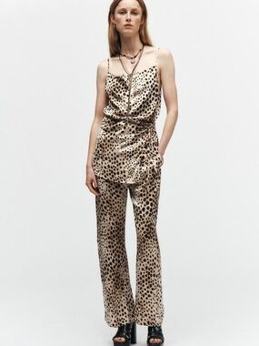 Zara Leopard Print Satin Top in Beige and Black